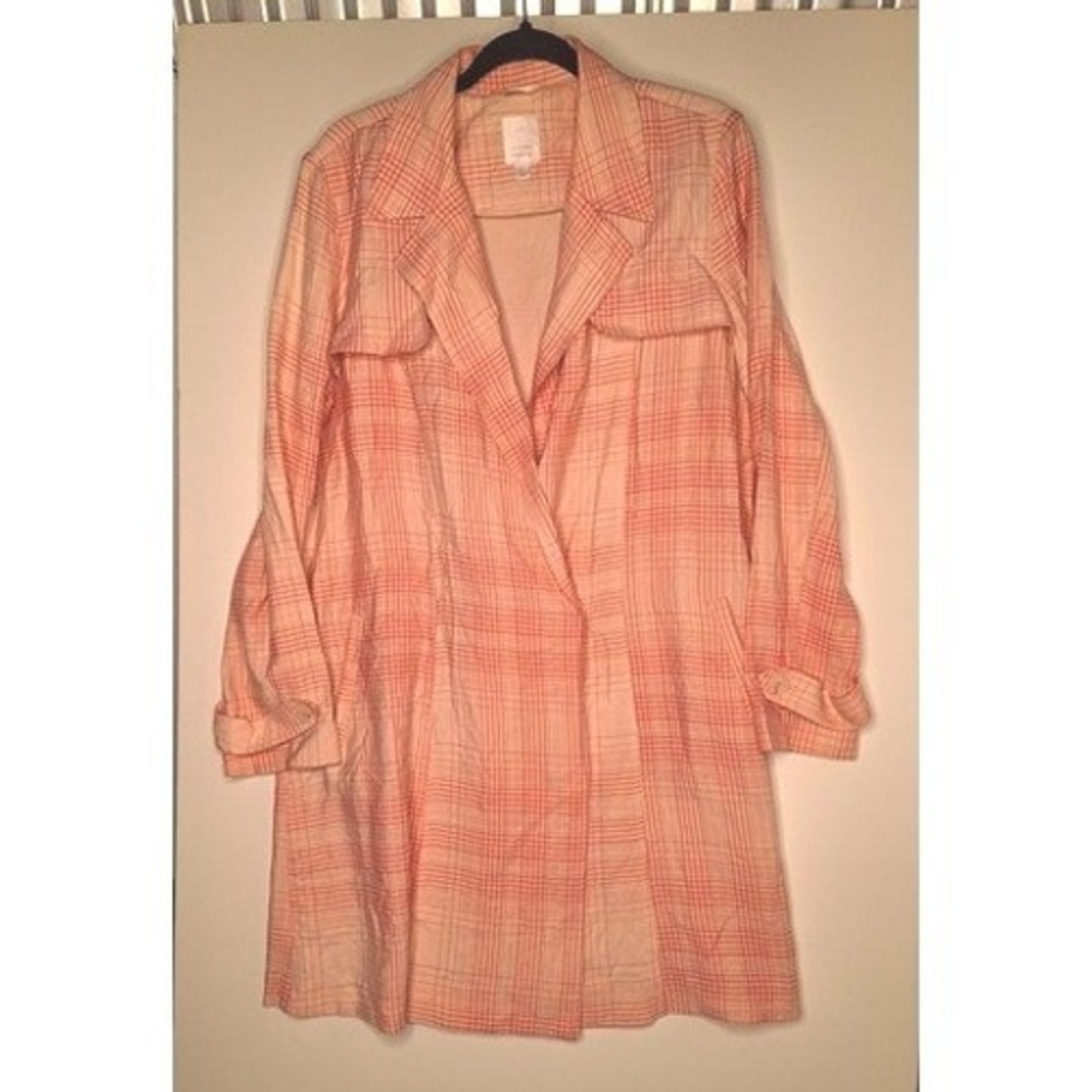 LC Lauren Conrad Womens Coral Plaid Lightweight Trench Coat‎ Large